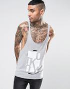 Asos Tank With Tokyo Print And Raw Edge Extreme Racer Back - Gray