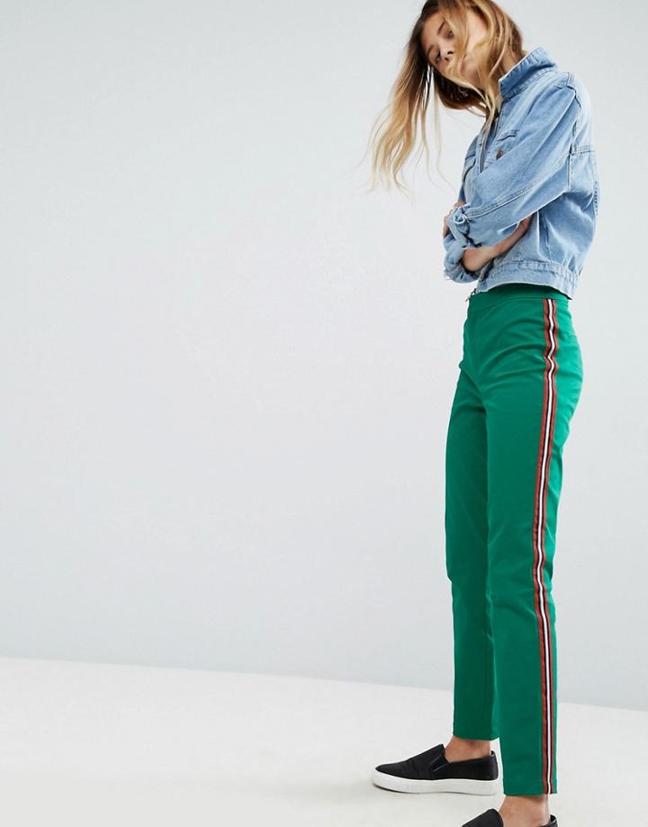 Asos Cigarette Pants With Side Stripe In Green - Green