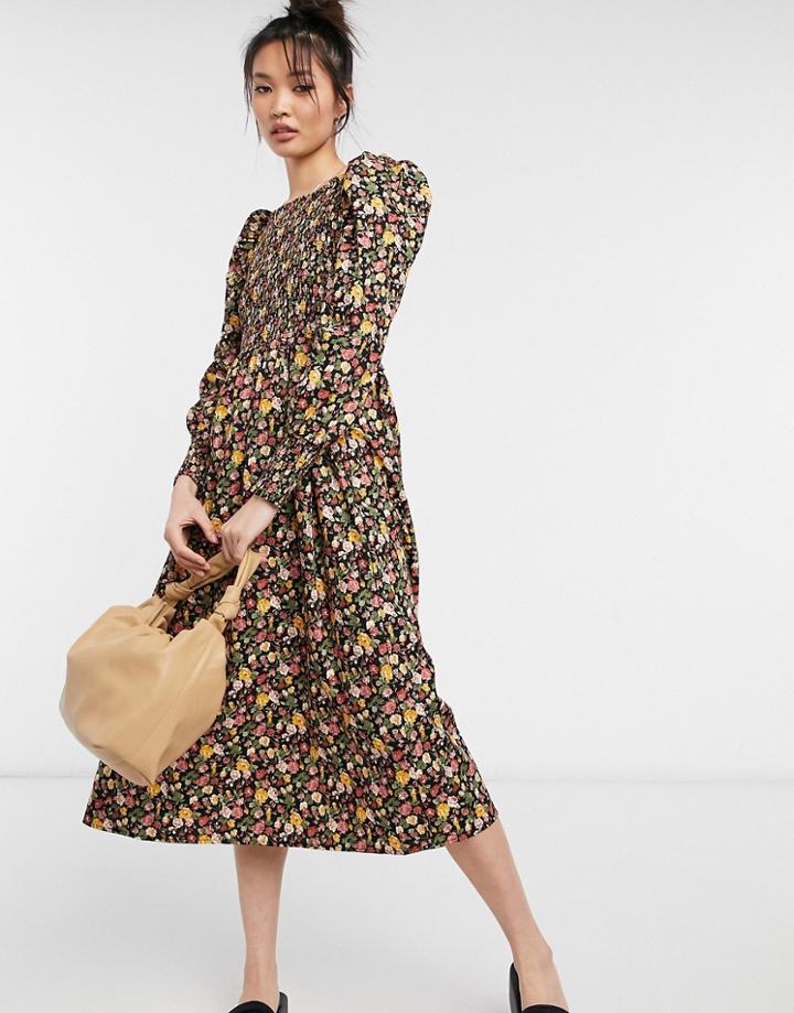 Y.a.s Shirred Midi Dress With Puff Sleeves In Dark Floral-black
