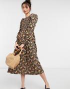 Y.a.s Shirred Midi Dress With Puff Sleeves In Dark Floral-black