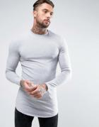 Asos Super Longline Muscle Long Sleeve T-shirt With Curved Hem In Gray Marl - Gray