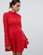Prettylittlething Lace Fluted Sleeve Skater Dress In Red - Red