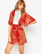 Asos Empire Line Dress In Floral Print With Lace Bib - Orange