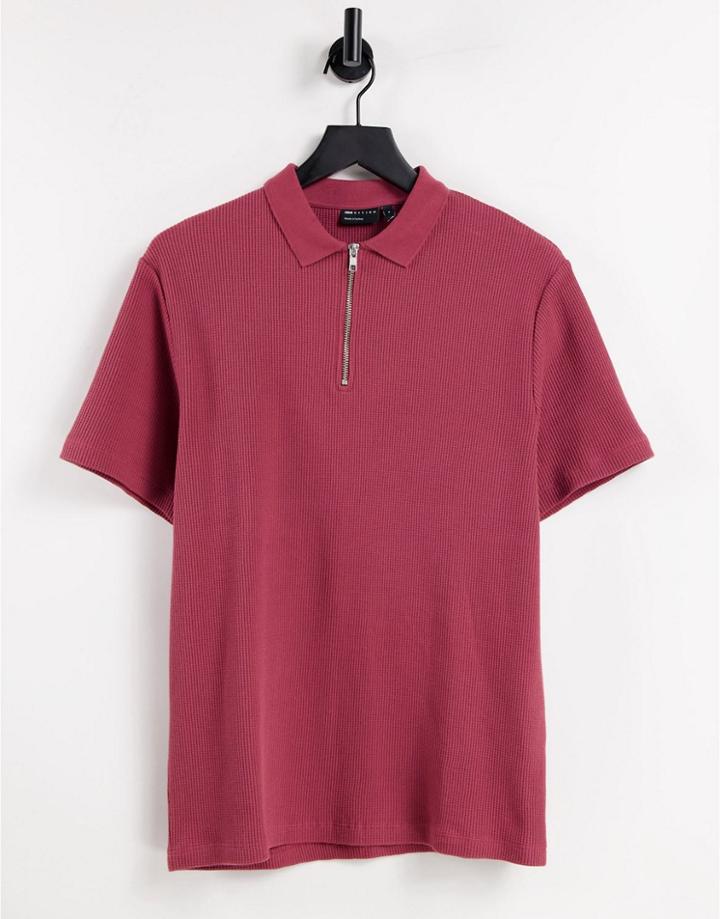 Asos Design Waffle Polo With Zip Detail In Washed Burgundy-red