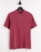 Asos Design Waffle Polo With Zip Detail In Washed Burgundy-red
