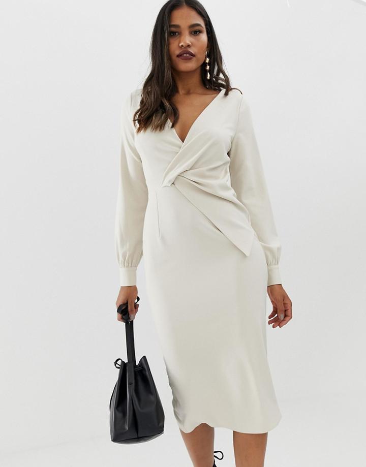 Asos Design Origami Twist Midi Pencil Dress-cream