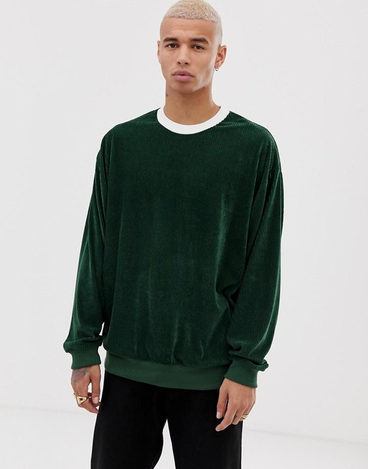 Asos Design Oversized Sweatshirt In Cord In Green With Ecru Neck Rib - Green