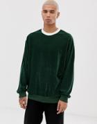 Asos Design Oversized Sweatshirt In Cord In Green With Ecru Neck Rib - Green