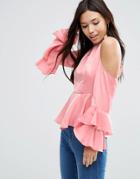 Asos Satin Top With Cold Shoulder & Ruffle Sleeve - Pink