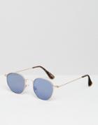 Asos Mini Round Sunglasses With Blue Lens - Gold