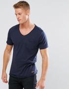 Brave Soul Basic Raw Edge V Neck T-shirt - Navy