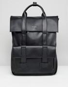 Asos Design Backpack In Black Faux Leather And Front Pocket With Double Straps