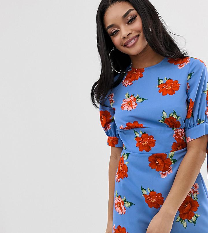 Fashion Union Petite Mini Tea Dress With Tie Sleeves - Blue