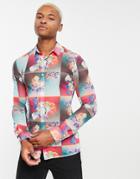 Asos Design Stretch Skinny Mesh Shirt In Bright Patchwork Floral-multi