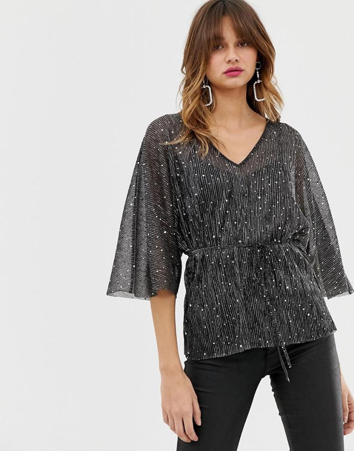 River Island Glitter Plisse Blouse In Blackriver Island Glitter Plisse Blouse In Black
