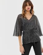 River Island Glitter Plisse Blouse In Blackriver Island Glitter Plisse Blouse In Black