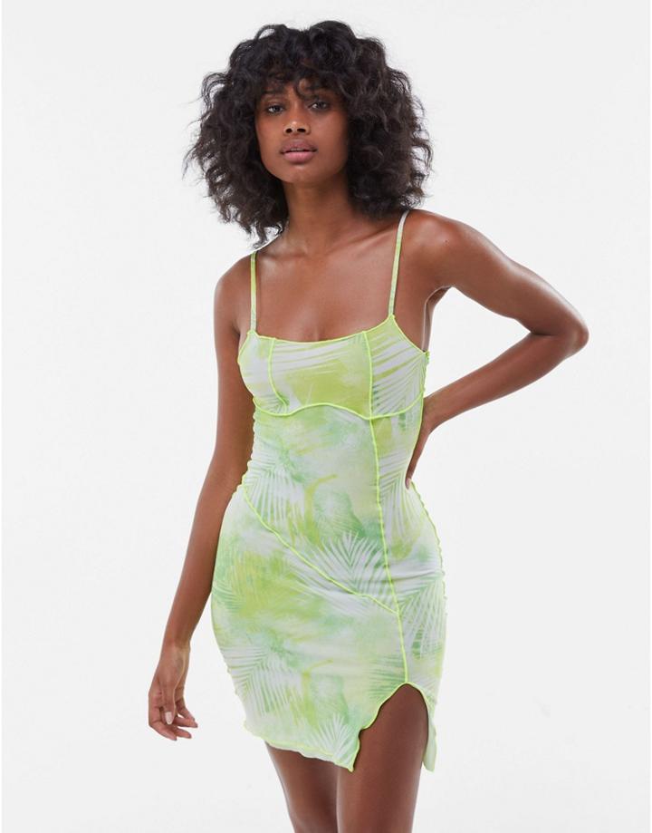 Bershka Mesh Palm Print Cami Dress In Lime-green