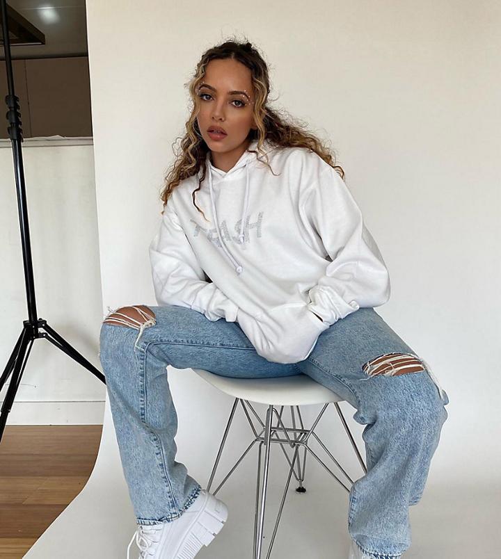 Skinnydip Curve X Jade Thirlwall Relaxed Hoodie With Trash Rhinestone Slogan-white