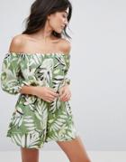 Minkpink Leaf Print Off Shoulder Romper - Green