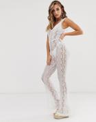 Asos Design Plunge Lace Beach Jumpsuit With Flare Pants-white