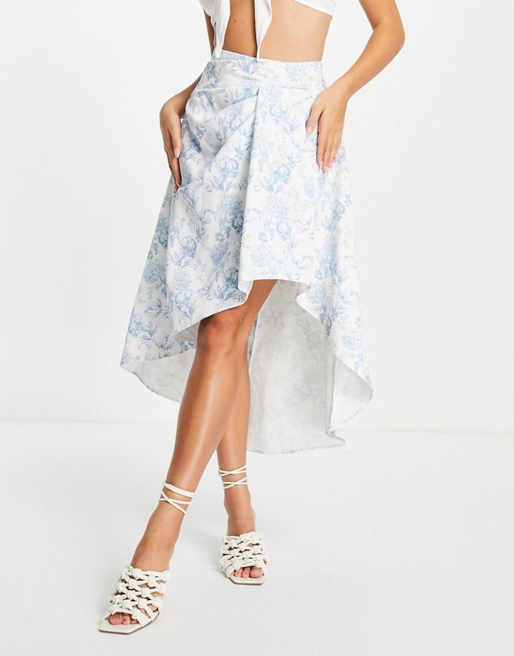 Asos Design Structured Midi Skirt In Blue Floral Print-multi