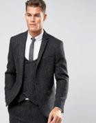 Asos Slim Suit Jacket In Gray Harris Tweed Herringbone 100% Wool - Gra