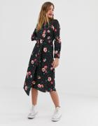 Influence Knot Front Asymmetric Wrap Dress In Floral And Polka Dot Print - Black