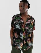 Asos Design Oversized Painted Style Floral Shirt In Black - Black