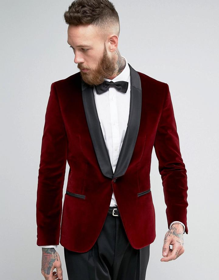 Hugo By Hugo Boss Arian Velvet Tux Blazer Satin Lapel Slim Fit - Red