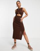 Asos Design Sleeveless Maxi Dress With Cut Out Front In Brown