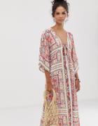 En Cr Me Floral And Border Print Maxi Dress With Drawstring - Multi
