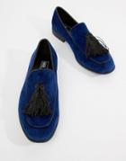 Asos Design Loafers In Navy Velvet With Tassel Detail - Blue
