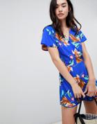 Brave Soul Wrap Front Romper In Hibiscus Print - Blue