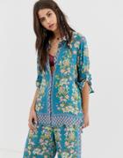 Aratta Relaxed Shirt In Floral Print With Rhinestone Brooch Two-piece - Blue