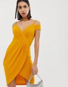 Ax Paris Wrap Midi Dress With Strap Detail - Yellow