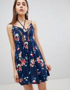Brave Soul Lula Cami Dress In Rose Print - Navy