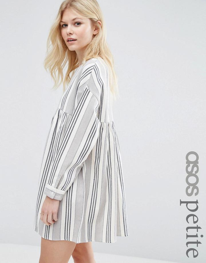 Asos Petite Long Sleeve Smock Dress In Natural Stripe - Multi