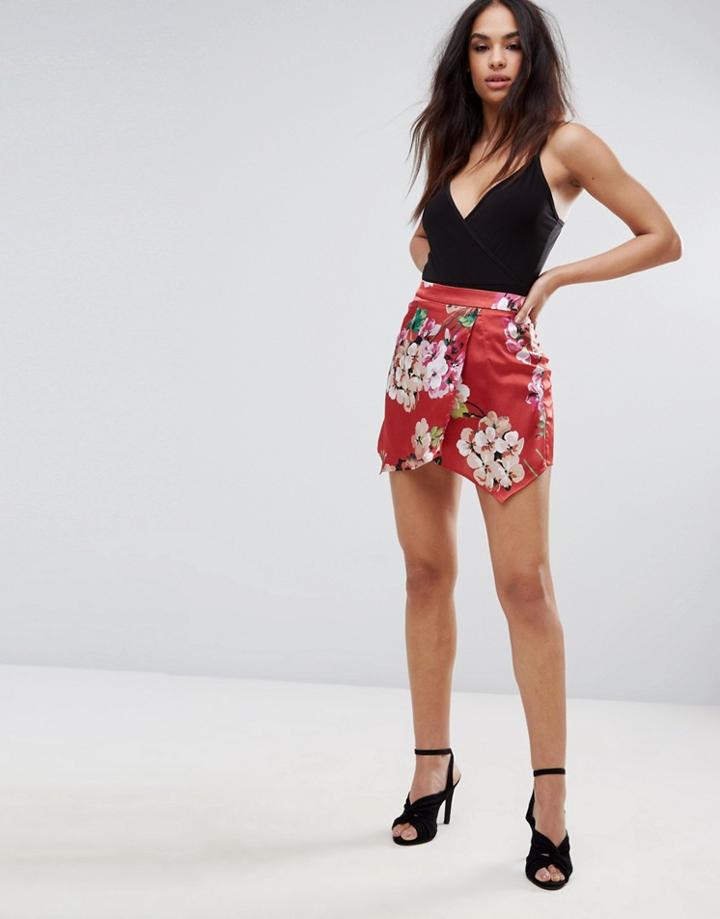 Missguided Floral Satin Skort - Red