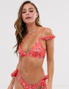 New Look Frill Ditsy Print Bikini Top In Red-white