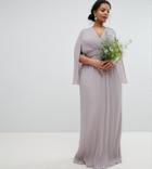 Tfnc Plus Pleated Wrap Front Maxi Bridesmaid Dress With Cape Detail - Gray
