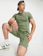 Asos Design Tapered Jersey Shorts With Pin Tuck In Olive Green - Part Of A Set