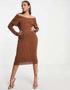 Femme Luxe Knitted Bardot Sweater Dress In Chocolate-brown