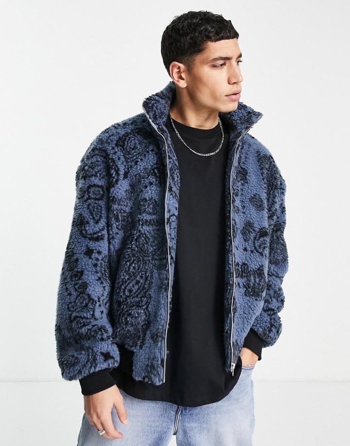 Asos Design Oversized Bomber Jacket In Paisley Teddy-navy