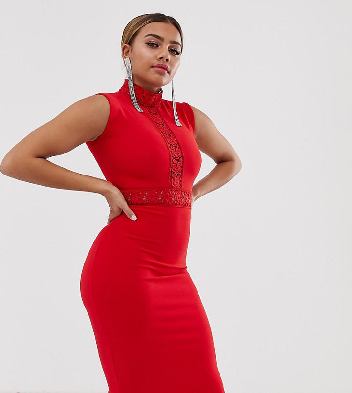 Prettylittlething Petite Bodycon Midi Dress With High Neck And Lace Inserts In Red - Red