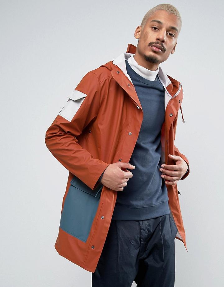 Rains Camp Long Jacket Waterproof Block Colors In Red - Red