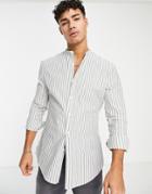 Asos Design Skinny Stripe Shirt With Grandad Collar In White & Khaki