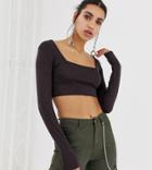 Prettylittlething Square Neck Long Sleeve Crop Top In Chocolate - Brown