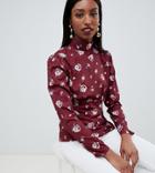 Fashion Union Tall High Neck Blouse In Vintage Floral - Red