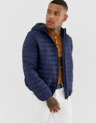 Asos Design Liner Puffer Jacket With Hood In Navy - Navy