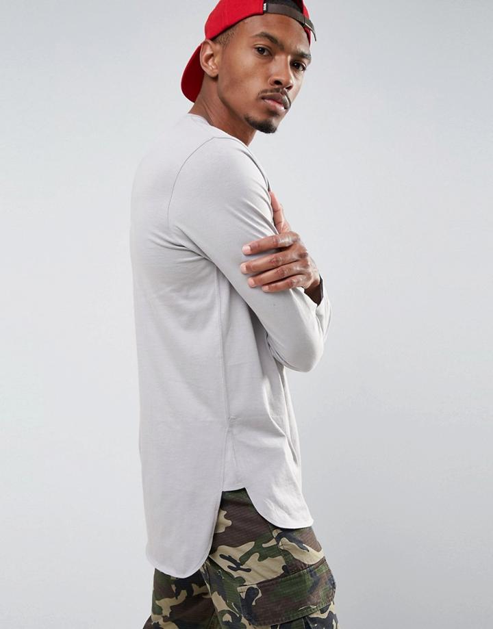 Asos Super Longline Long Sleeve T-shirt With Side Split - Gray